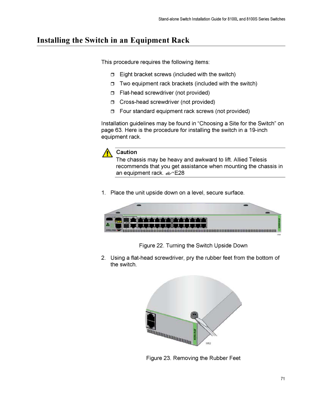 Allied Telesis AT-8100L/8POE-E, AT-8100S/48 manual Installing the Switch in an Equipment Rack, Removing the Rubber Feet 