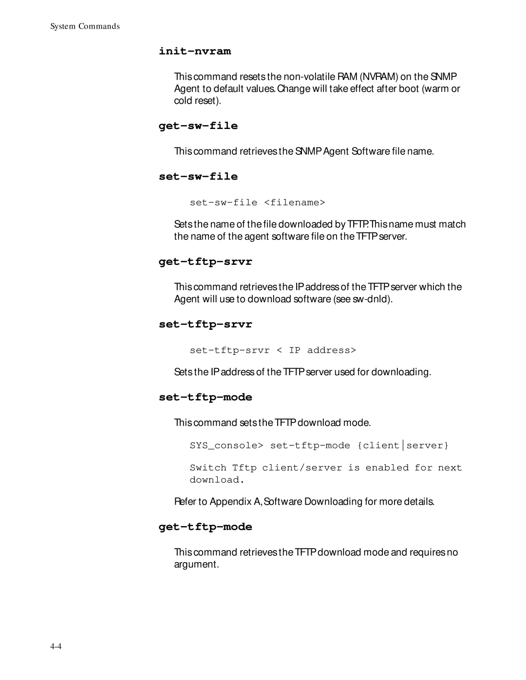 Allied Telesis at-8116 Init-nvram, Get-sw-file, Set-sw-file, Get-tftp-srvr, Set-tftp-srvr, Set-tftp-mode, Get-tftp-mode 