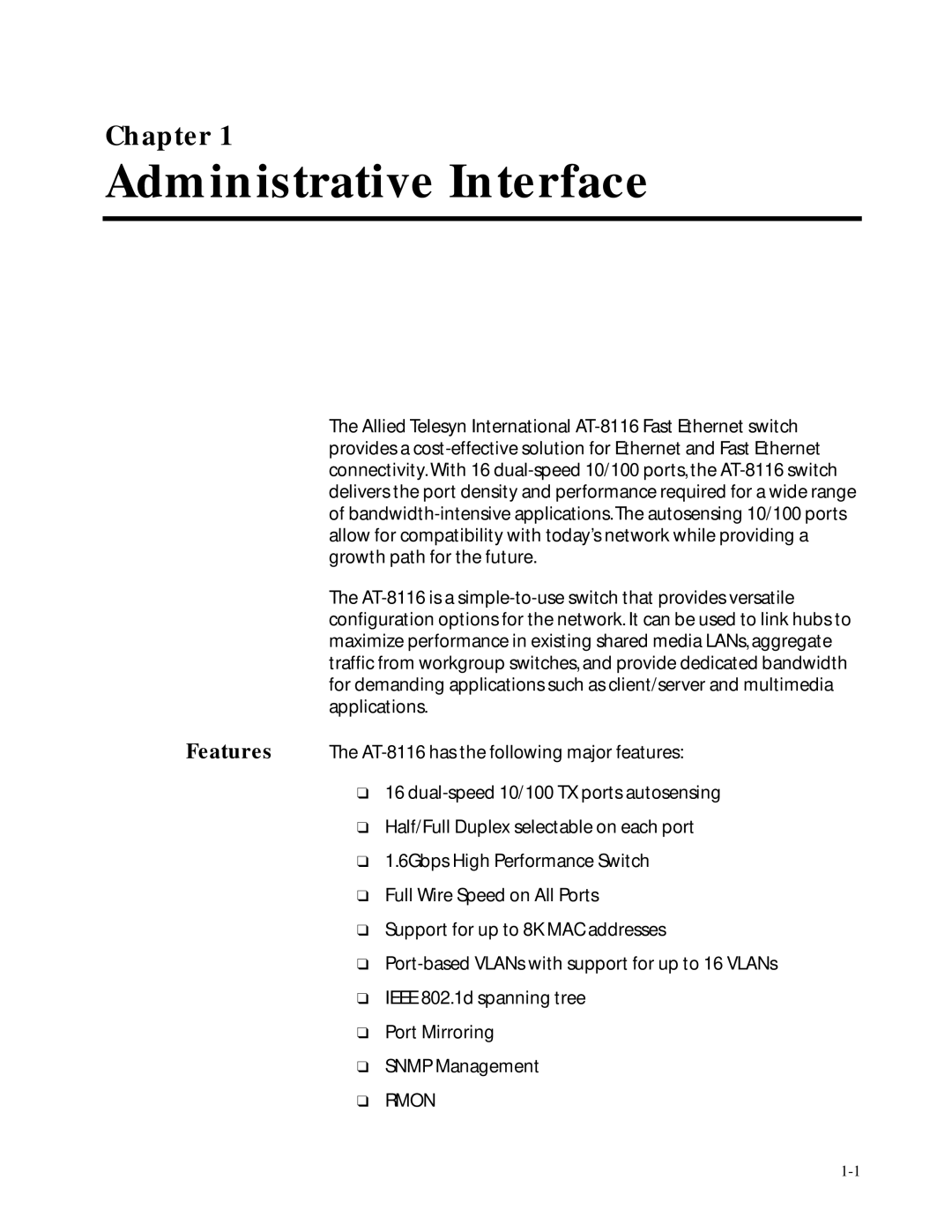 Allied Telesis at-8116 manual Administrative Interface, Rmon 