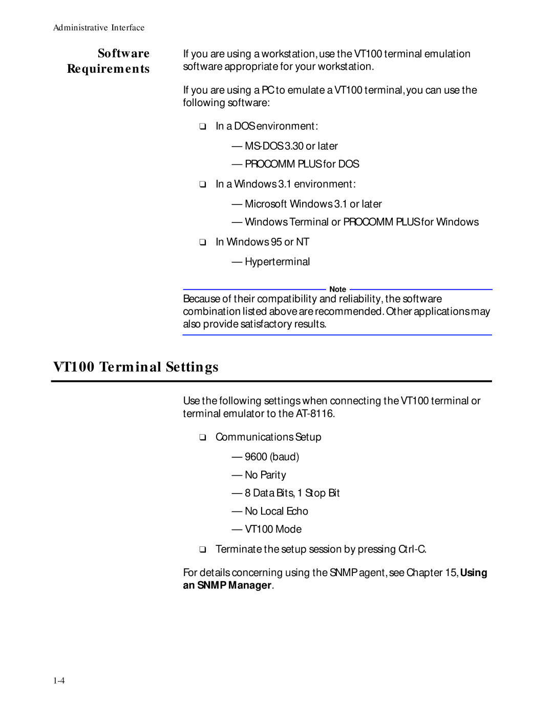 Allied Telesis at-8116 manual VT100 Terminal Settings, Software Requirements 