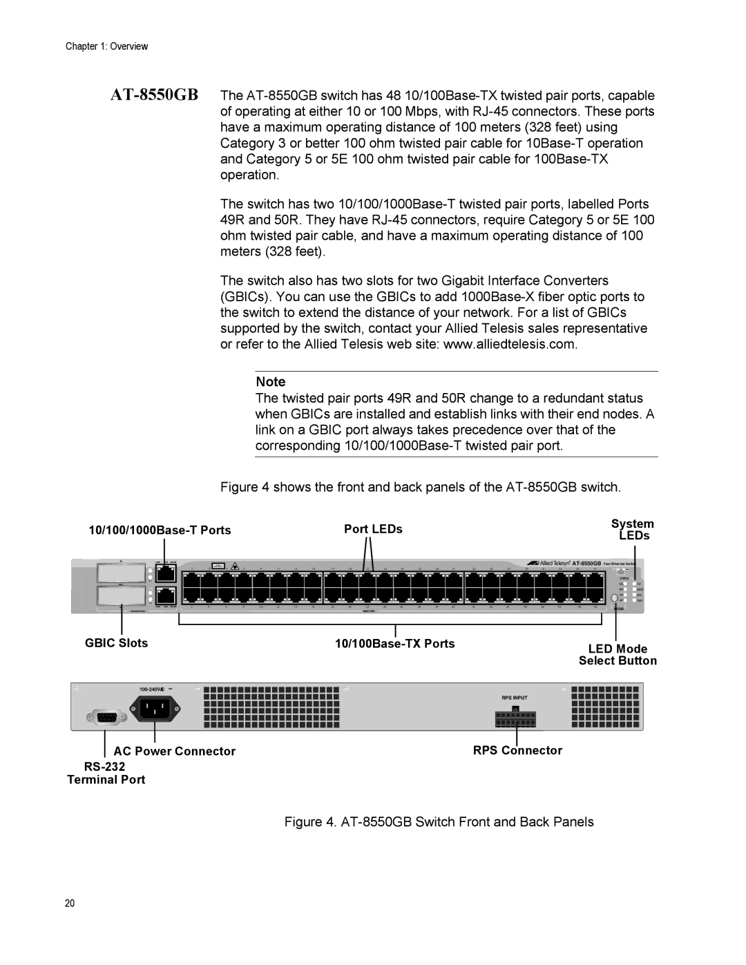 Allied Telesis AT-8500 Series manual Shows the front and back panels of the AT-8550GB switch 