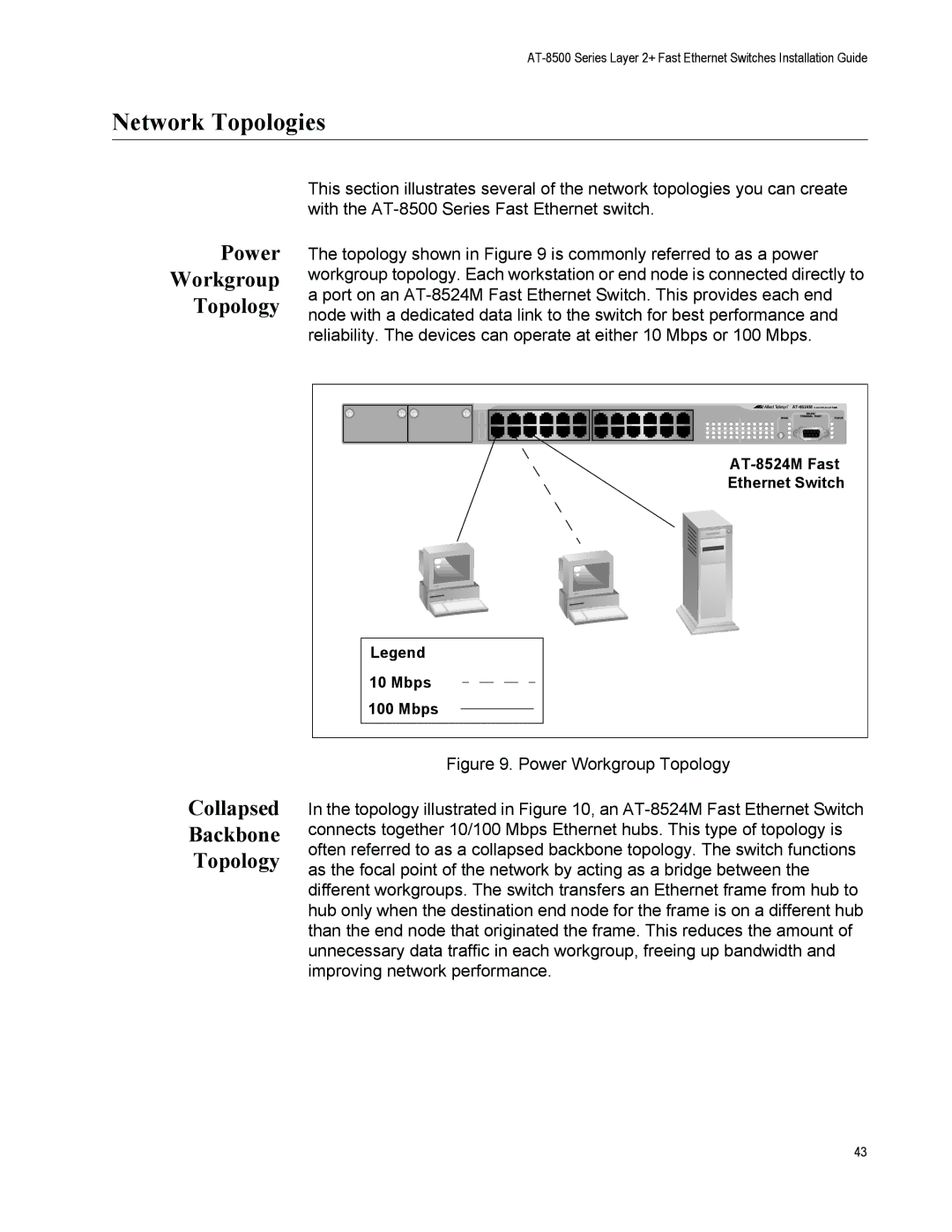 Allied Telesis AT-8500 Series manual Network Topologies, Power Workgroup Topology, Collapsed Backbone Topology 