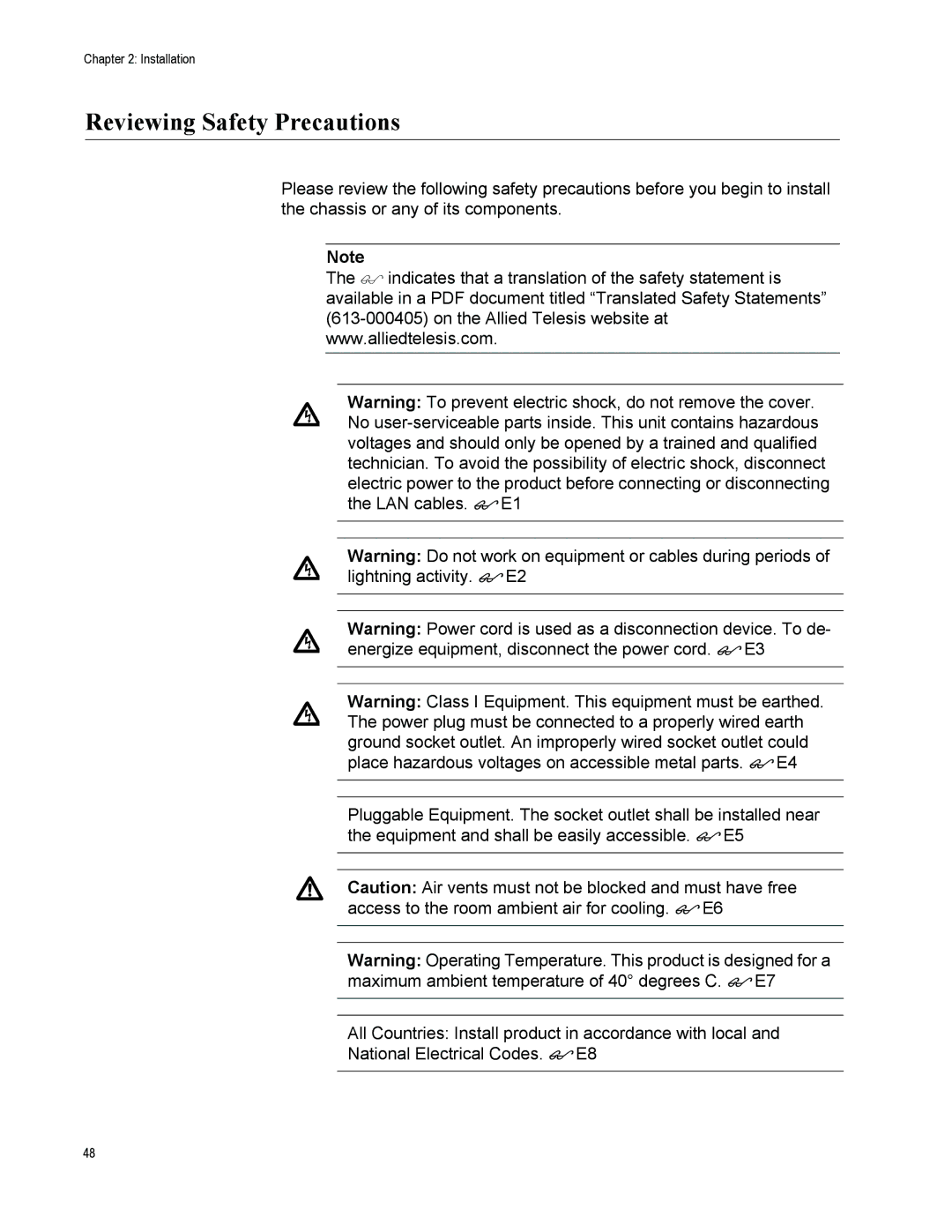 Allied Telesis AT-8500 Series manual Reviewing Safety Precautions 