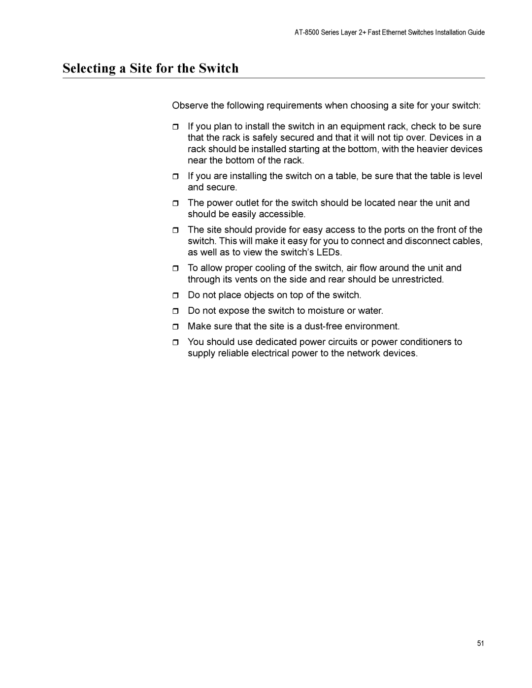 Allied Telesis AT-8500 Series manual Selecting a Site for the Switch 