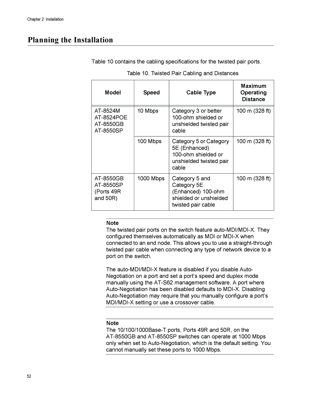 Allied Telesis AT-8500 Series manual Planning the Installation, Maximum, Model Speed Cable Type 