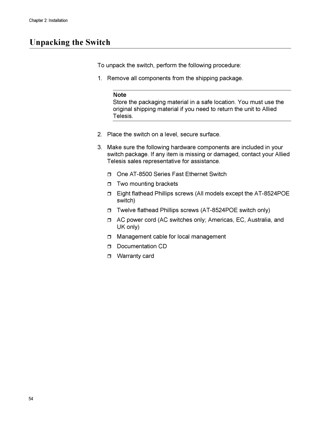 Allied Telesis AT-8500 Series manual Unpacking the Switch 