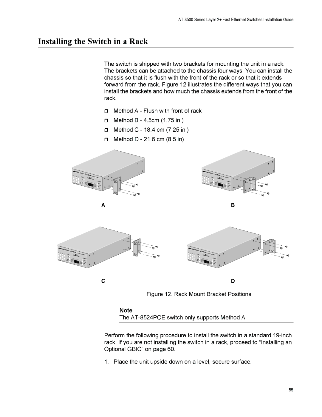 Allied Telesis AT-8500 Series manual Installing the Switch in a Rack 