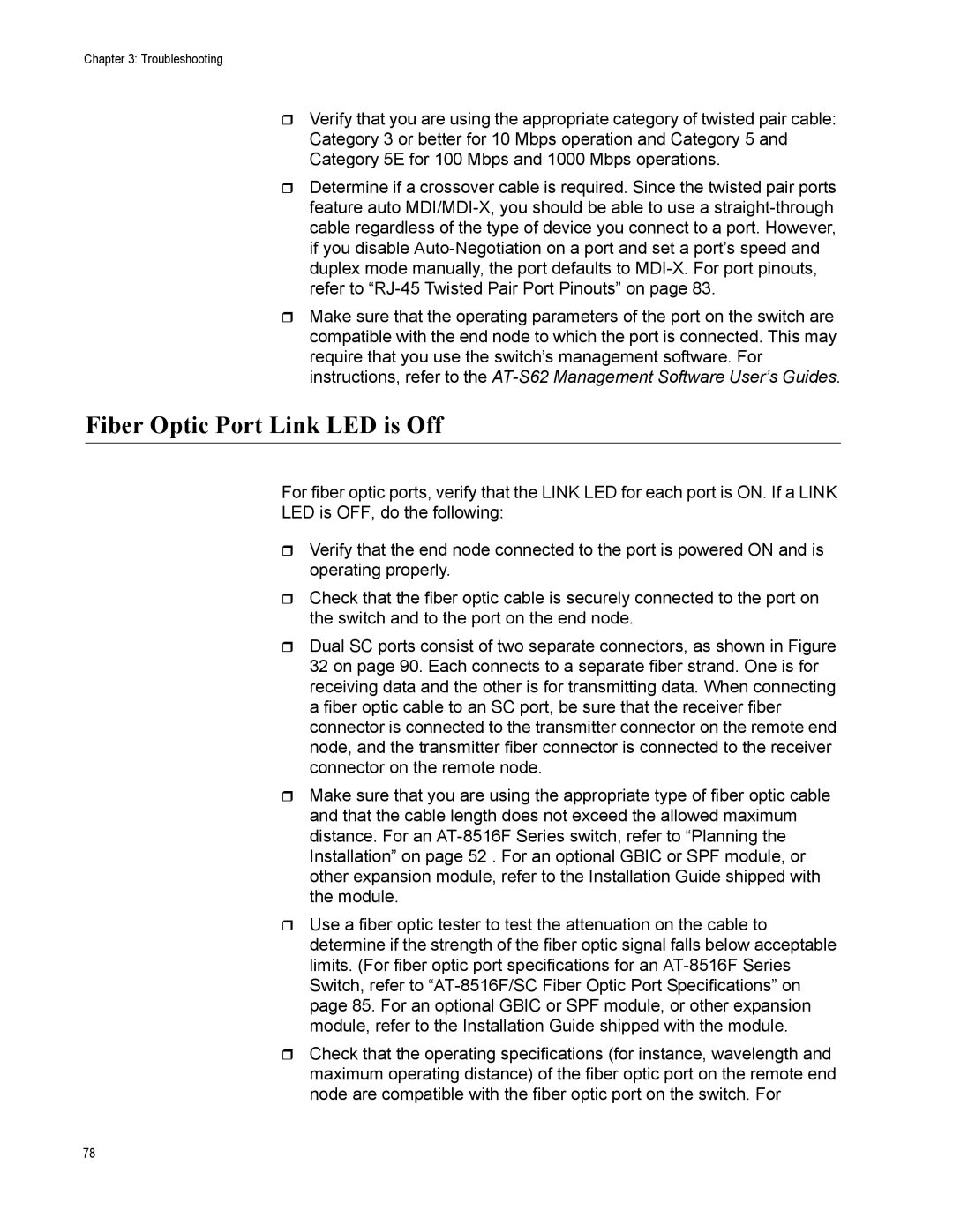 Allied Telesis AT-8500 Series manual Fiber Optic Port Link LED is Off 