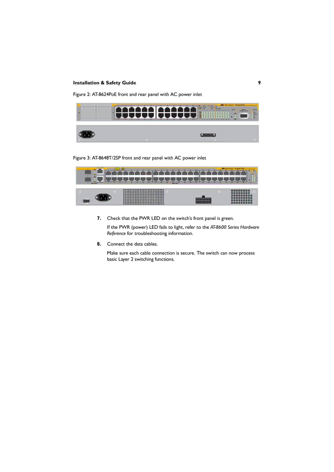 Allied Telesis AT-8648T/2SP, AT-8624POE, AT-8624T/2M manual AT-8624PoE front and rear panel with AC power inlet 