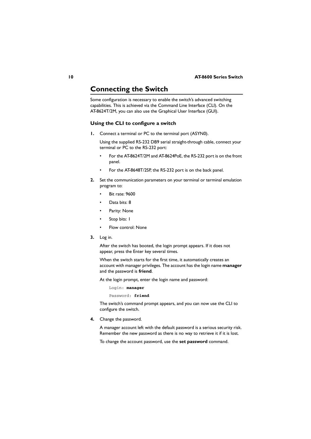 Allied Telesis AT-8624T/2M, AT-8624POE, AT-8648T/2SP manual Connecting the Switch, Using the CLI to configure a switch 