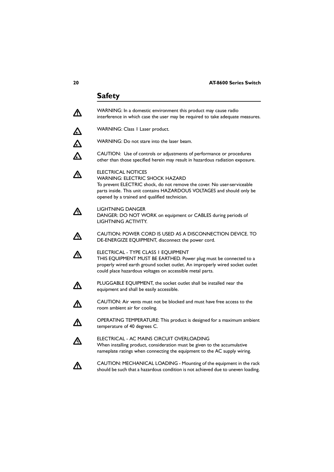 Allied Telesis AT-8624POE, AT-8648T/2SP, AT-8624T/2M Safety, Electrical Notices, Electrical AC Mains Circuit Overloading 