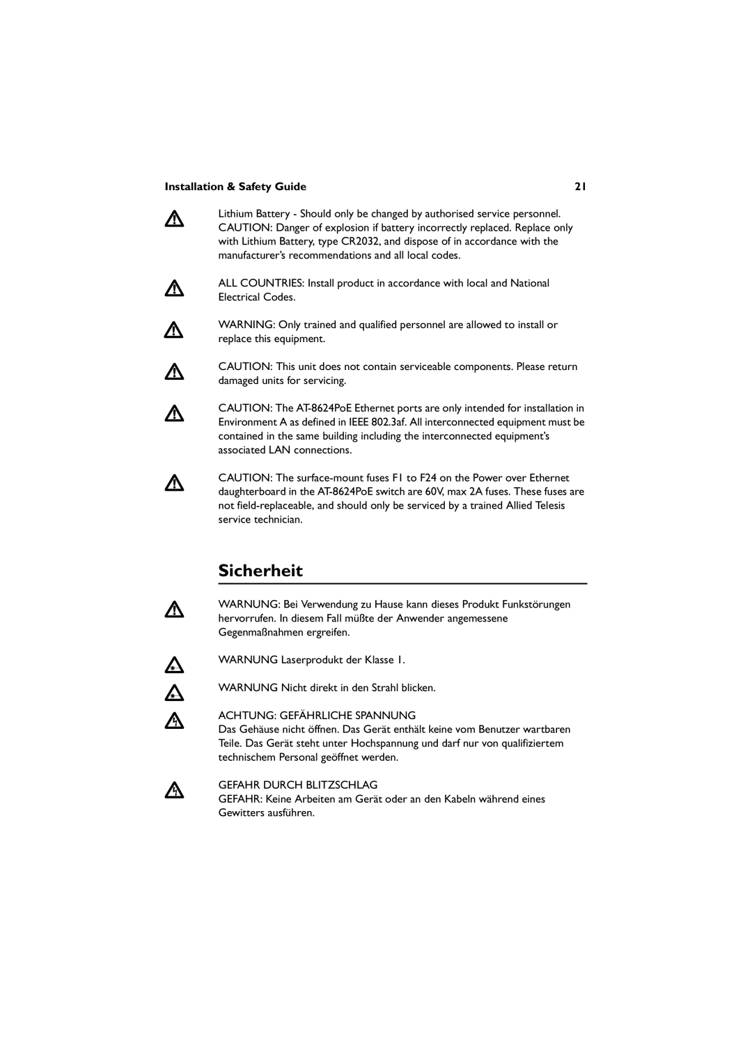 Allied Telesis AT-8648T/2SP, AT-8624POE, AT-8624T/2M Sicherheit, Achtung Gefährliche Spannung, Gefahr Durch Blitzschlag 