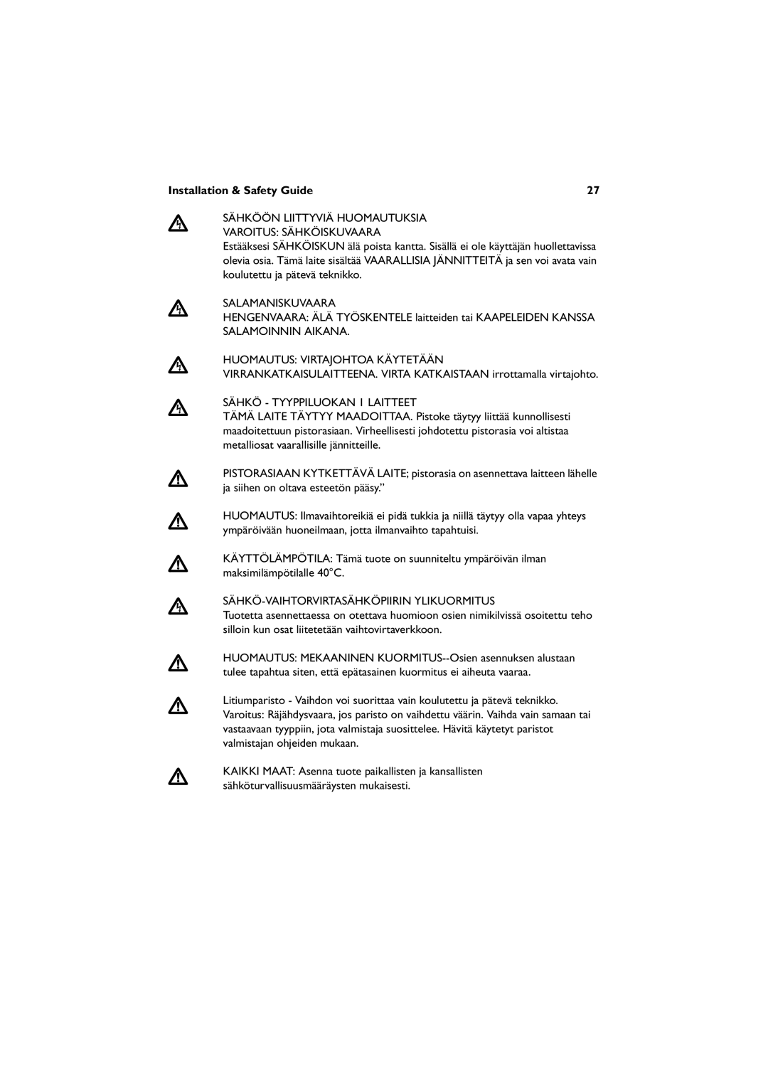 Allied Telesis AT-8648T/2SP, AT-8624POE manual Sähköön Liittyviä Huomautuksia Varoitus Sähköiskuvaara, Salamaniskuvaara 