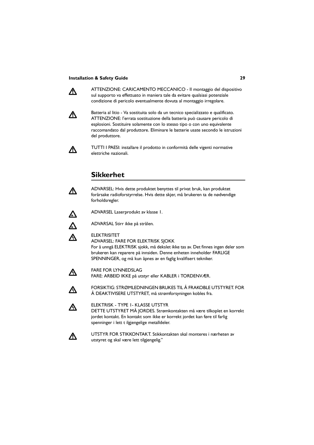 Allied Telesis AT-8624POE, AT-8648T/2SP manual Sikkerhet, Elektrisitet, Fare for Lynnedslag, Elektrisk Type 1- Klasse Utstyr 