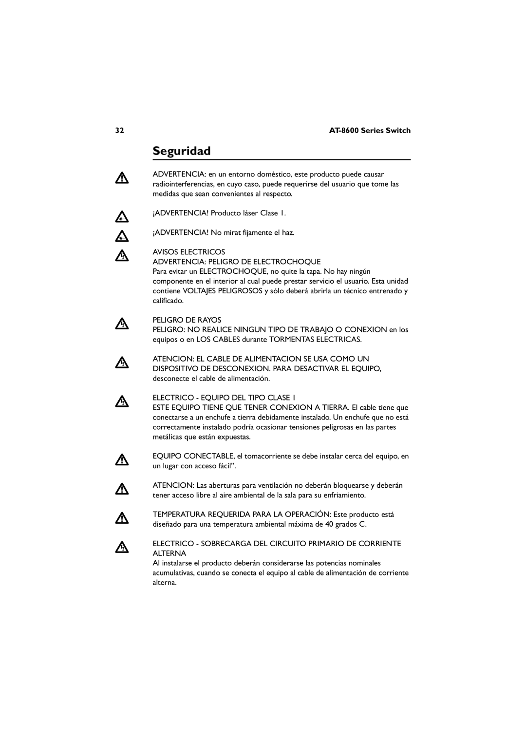 Allied Telesis AT-8624POE, AT-8624T/2M Seguridad, Avisos Electricos Advertencia Peligro DE Electrochoque, Peligro DE Rayos 