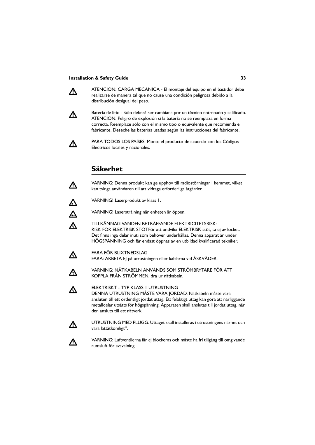 Allied Telesis AT-8648T/2SP, AT-8624POE Säkerhet, Tillkännagivanden Beträffande Elektricitetsrisk, Fara FÖR Blixtnedslag 