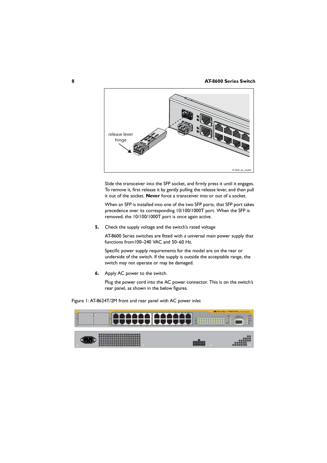 Allied Telesis AT-8624POE, AT-8648T/2SP manual AT-8624T/2M front and rear panel with AC power inlet 