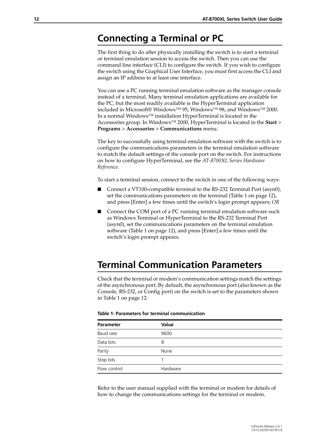 Allied Telesis at-8700xl series switch manual Connecting a Terminal or PC, Terminal Communication Parameters 