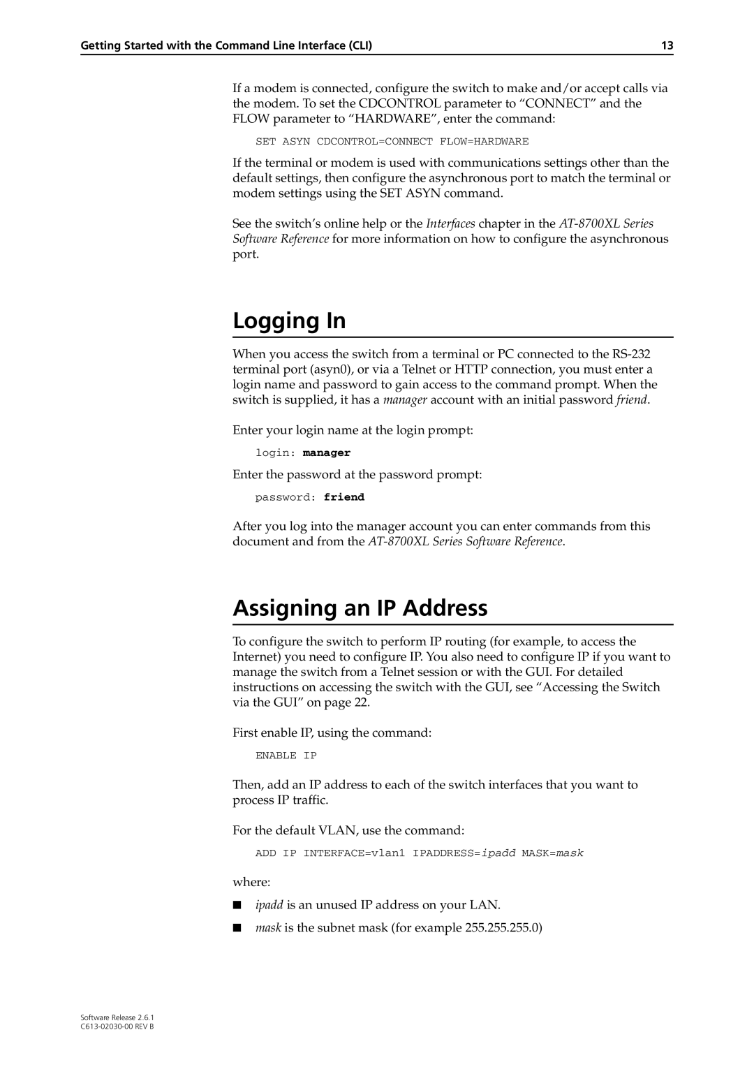 Allied Telesis at-8700xl series switch manual Logging, Assigning an IP Address 