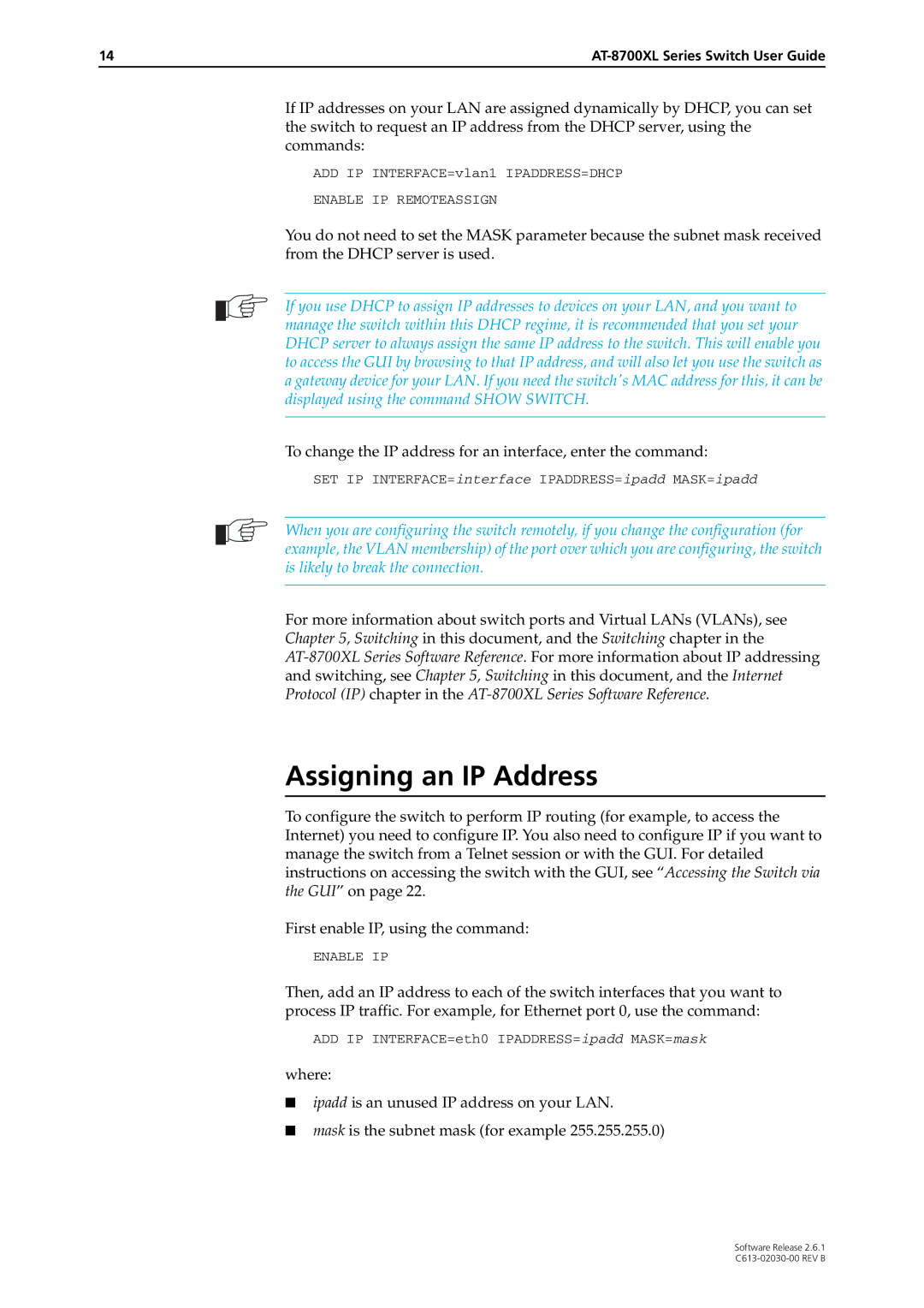 Allied Telesis at-8700xl series switch manual To change the IP address for an interface, enter the command 