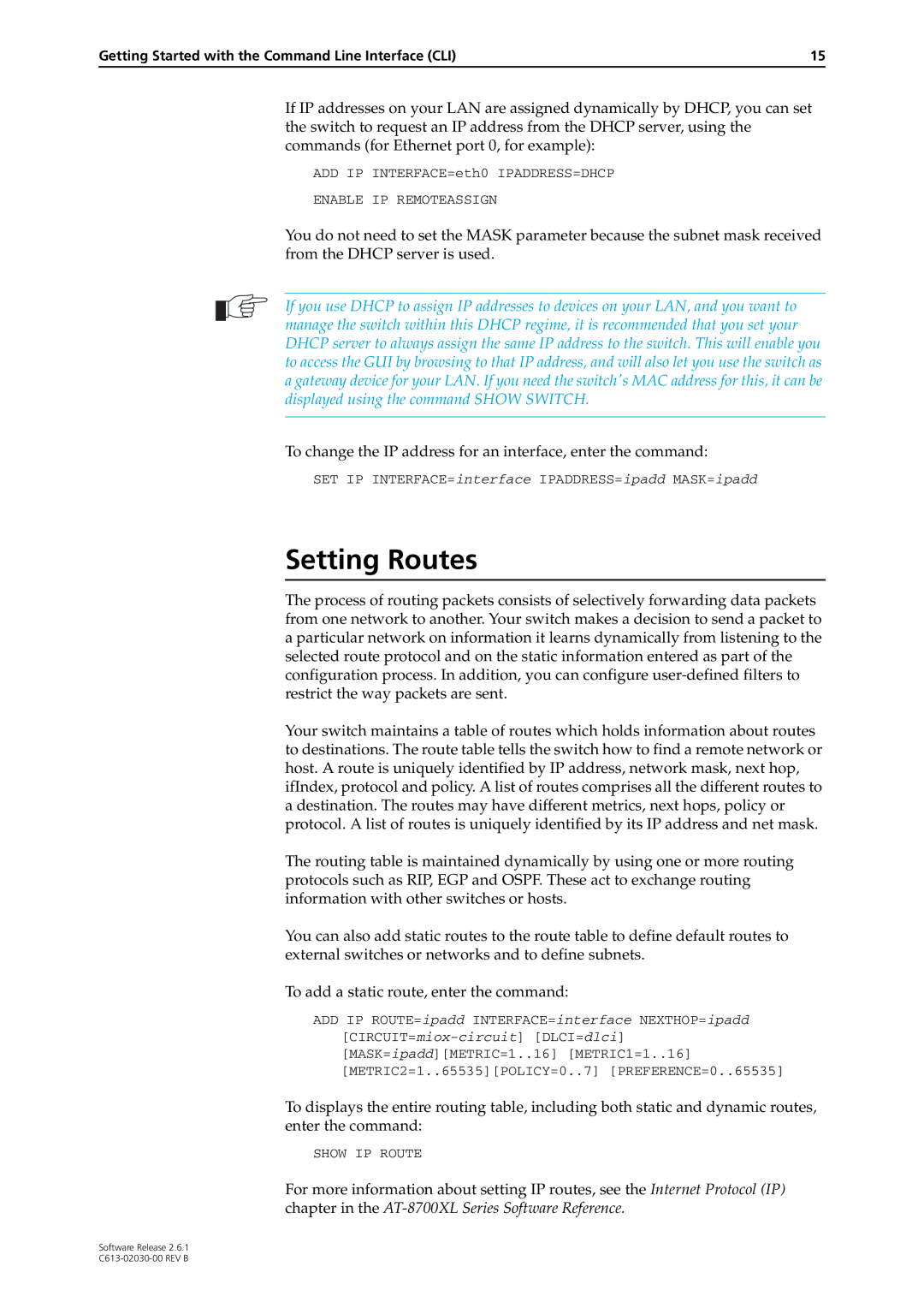 Allied Telesis at-8700xl series switch manual Setting Routes 