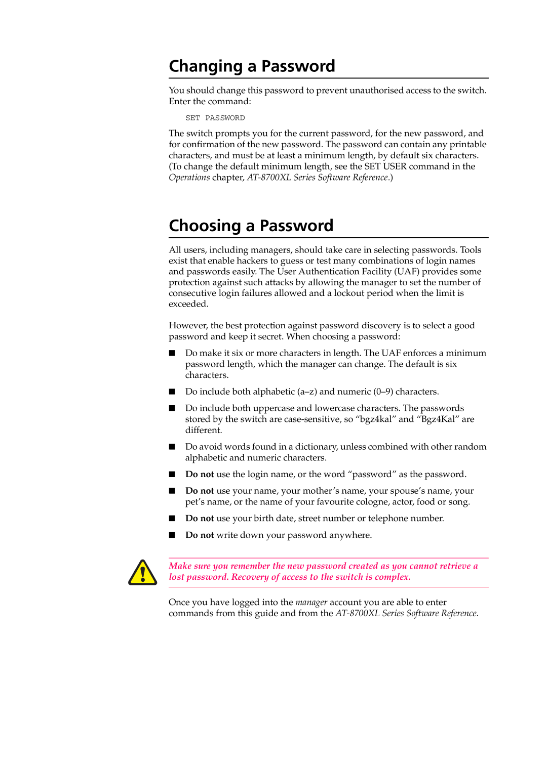 Allied Telesis at-8700xl series switch manual Changing a Password, Choosing a Password 