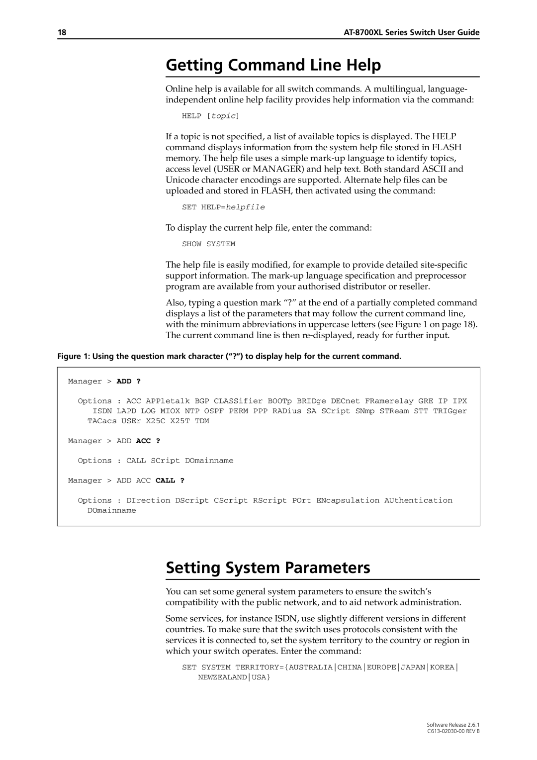 Allied Telesis at-8700xl series switch manual Getting Command Line Help, Setting System Parameters 