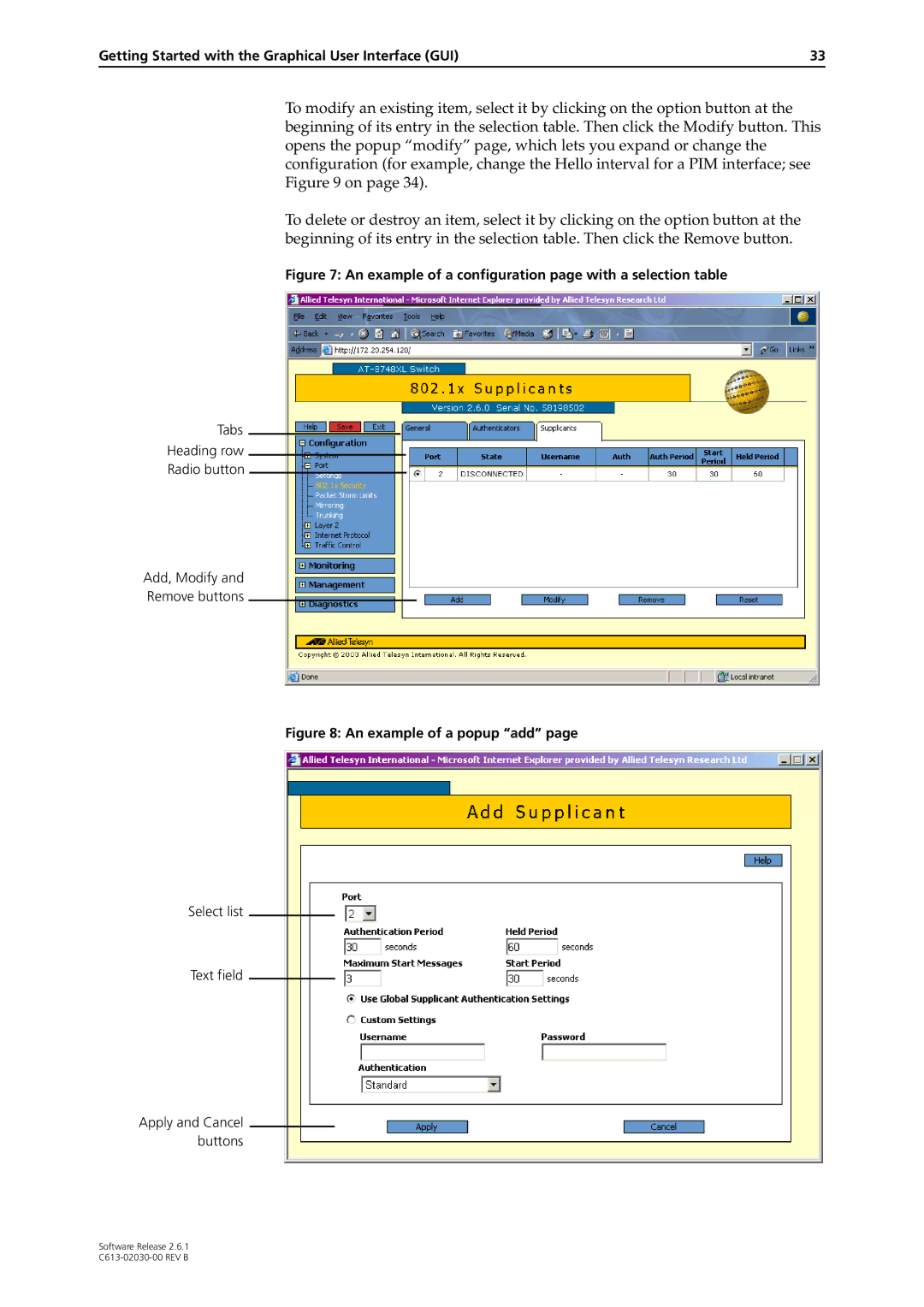 Allied Telesis at-8700xl series switch manual An example of a configuration page with a selection table 