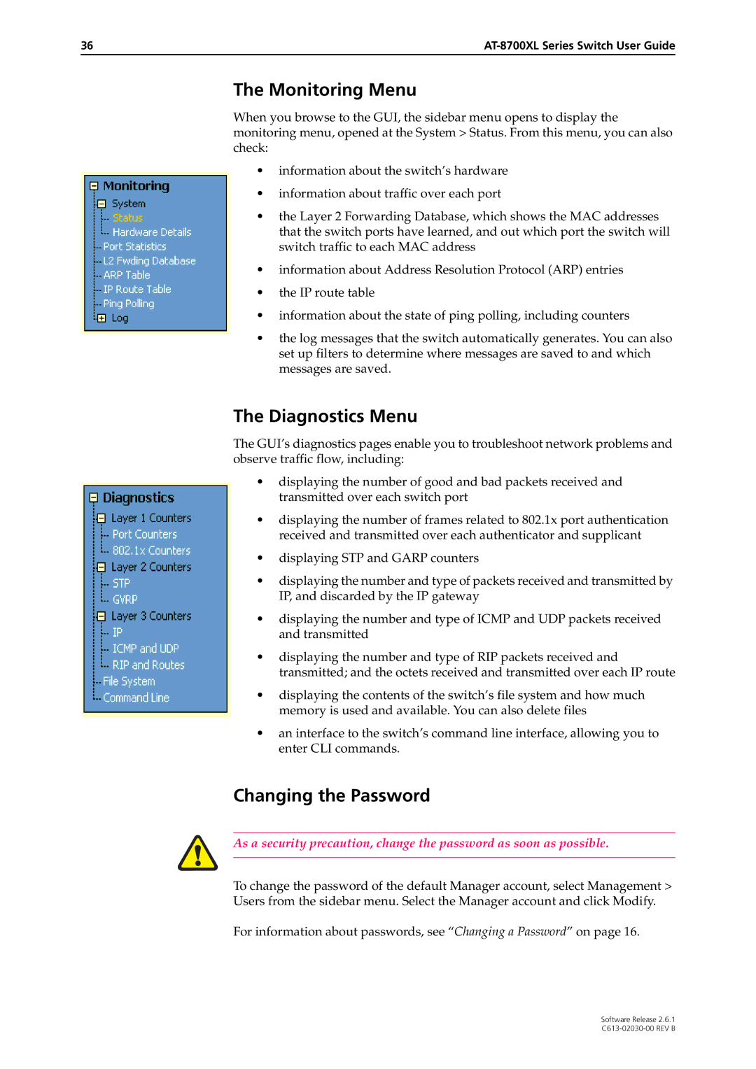 Allied Telesis at-8700xl series switch manual Monitoring Menu, Diagnostics Menu, Changing the Password 