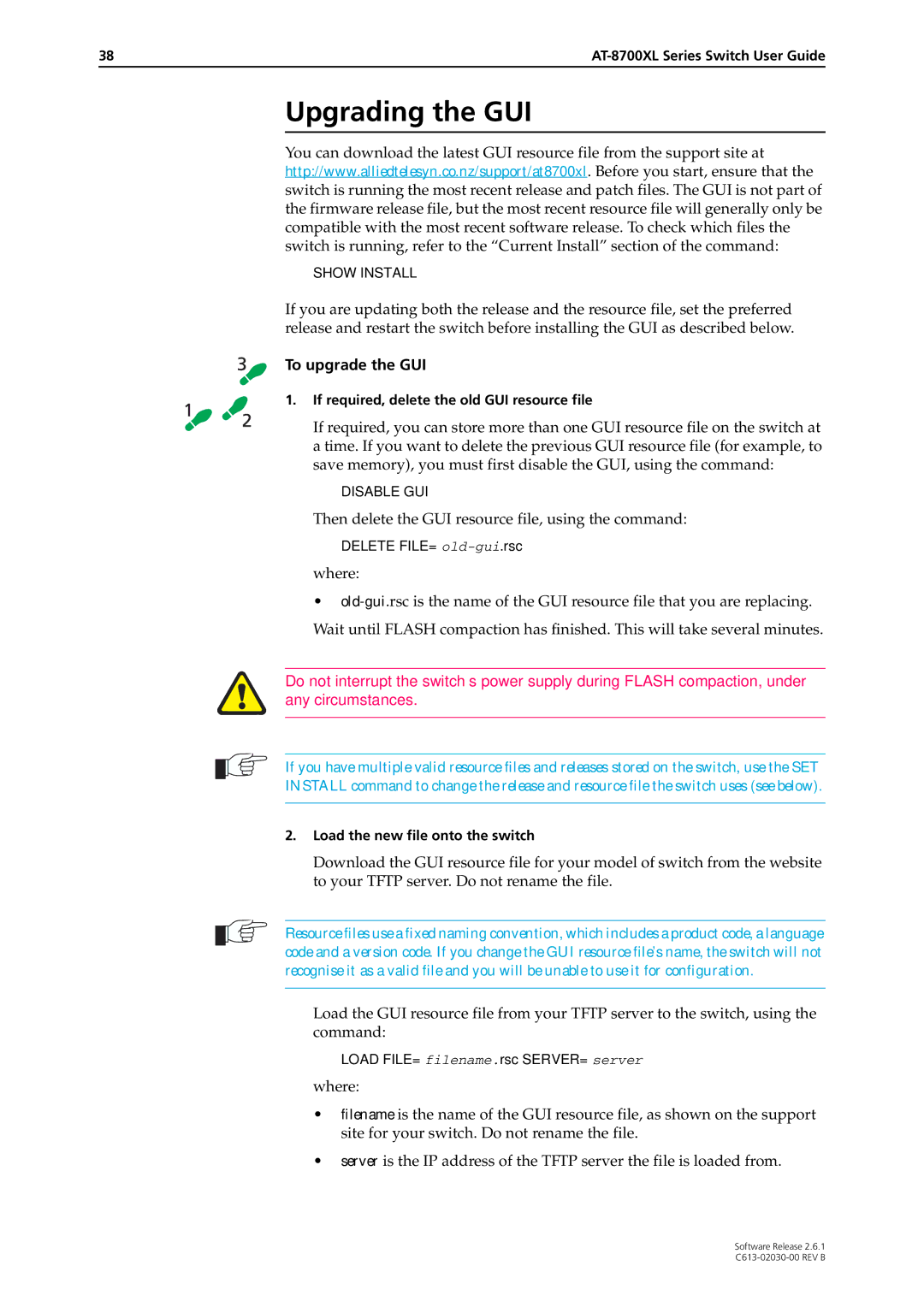 Allied Telesis at-8700xl series switch manual Upgrading the GUI, To upgrade the GUI 