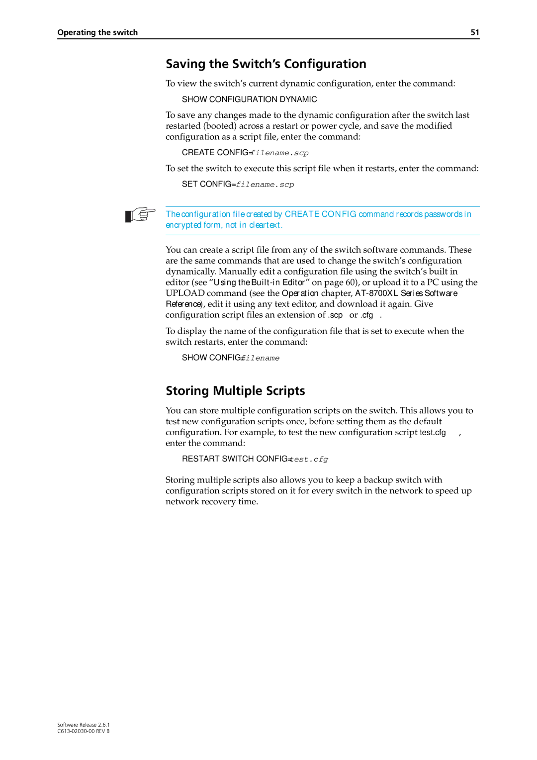 Allied Telesis at-8700xl series switch manual Saving the Switch’s Configuration, Storing Multiple Scripts 