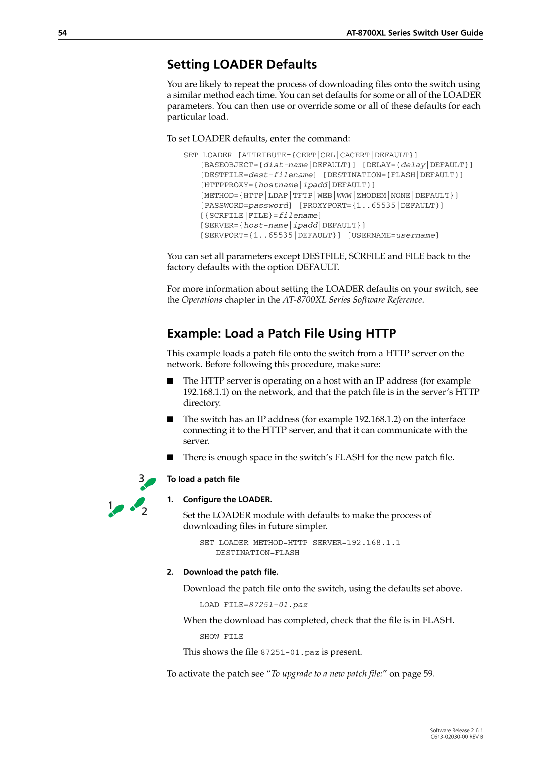 Allied Telesis at-8700xl series switch manual Setting Loader Defaults, Example Load a Patch File Using Http 