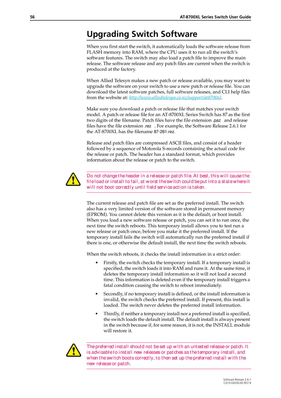 Allied Telesis at-8700xl series switch manual Upgrading Switch Software 