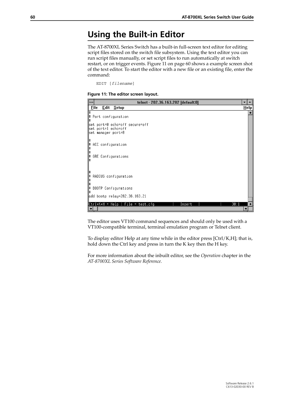 Allied Telesis at-8700xl series switch manual Using the Built-in Editor, Editor screen layout 