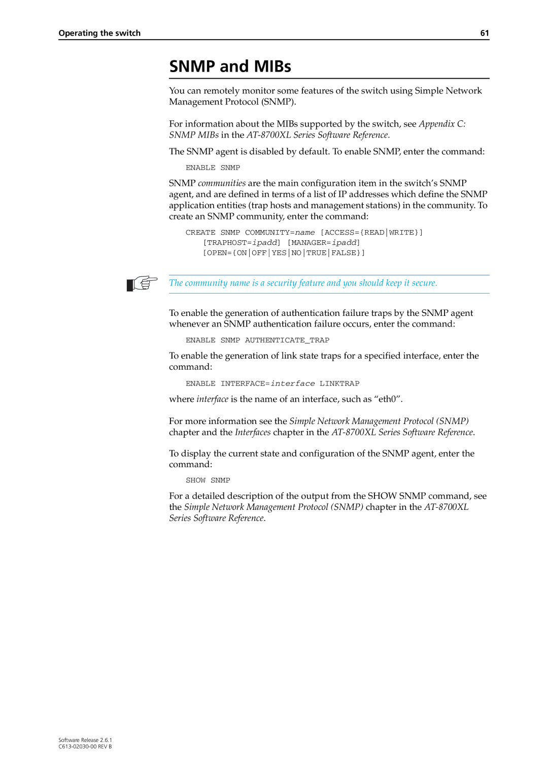 Allied Telesis at-8700xl series switch manual Snmp and MIBs, Snmp MIBs in the AT-8700XL Series Software Reference 