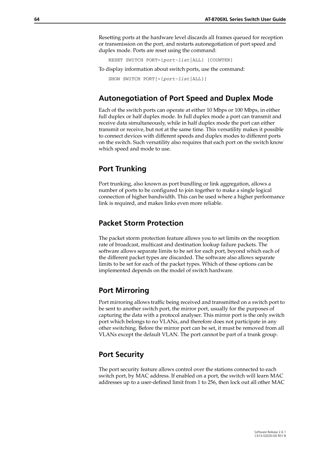 Allied Telesis at-8700xl series switch manual Autonegotiation of Port Speed and Duplex Mode, Port Trunking, Port Mirroring 