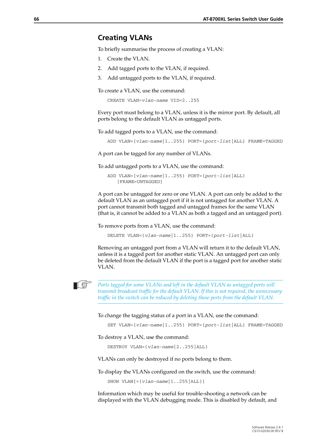 Allied Telesis at-8700xl series switch manual Creating VLANs 