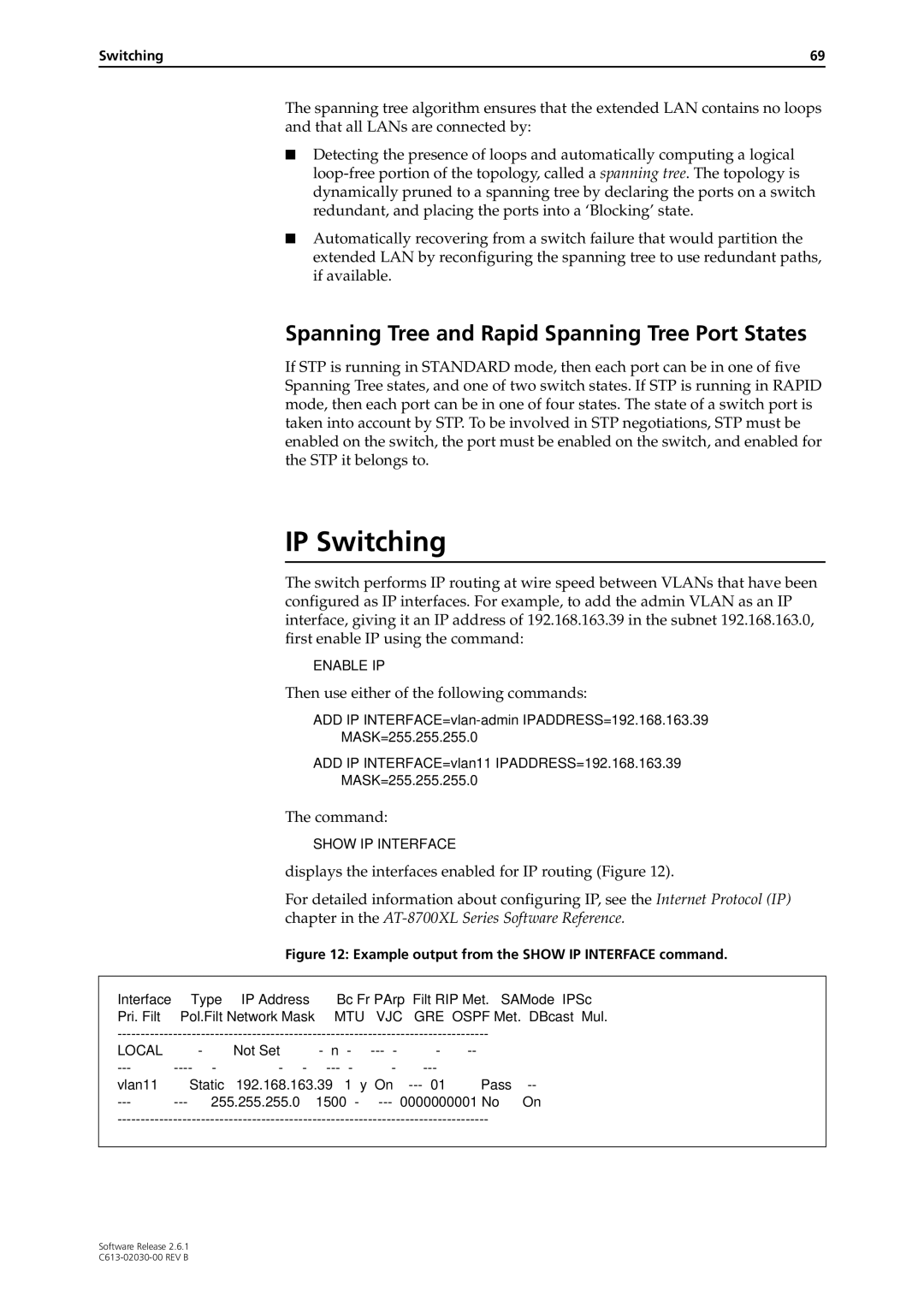 Allied Telesis at-8700xl series switch manual IP Switching, Spanning Tree and Rapid Spanning Tree Port States 