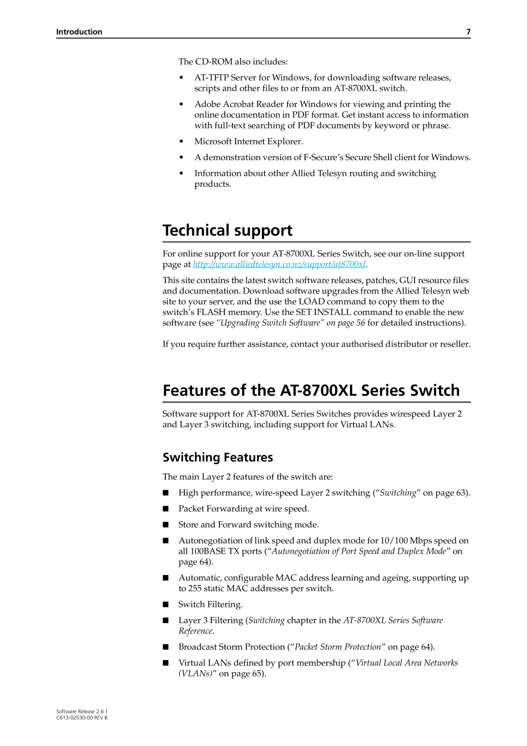 Allied Telesis at-8700xl series switch Technical support, Features of the AT-8700XL Series Switch, Switching Features 