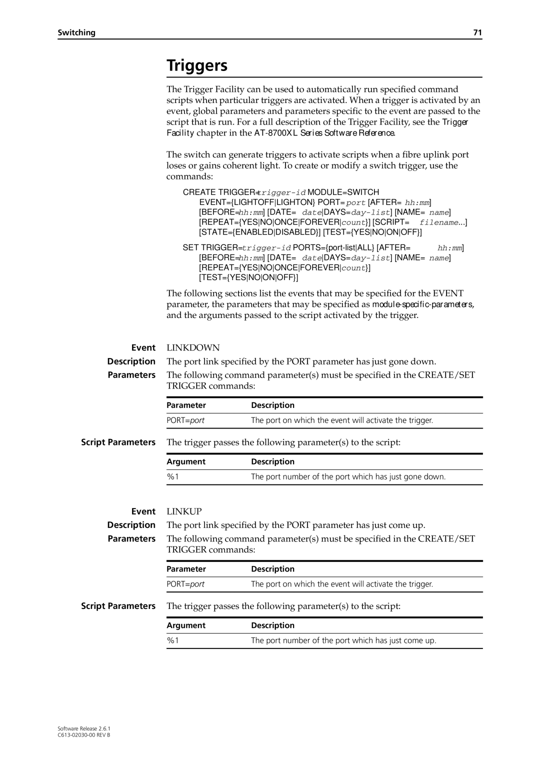 Allied Telesis at-8700xl series switch manual Triggers, Event, Description, Parameters 