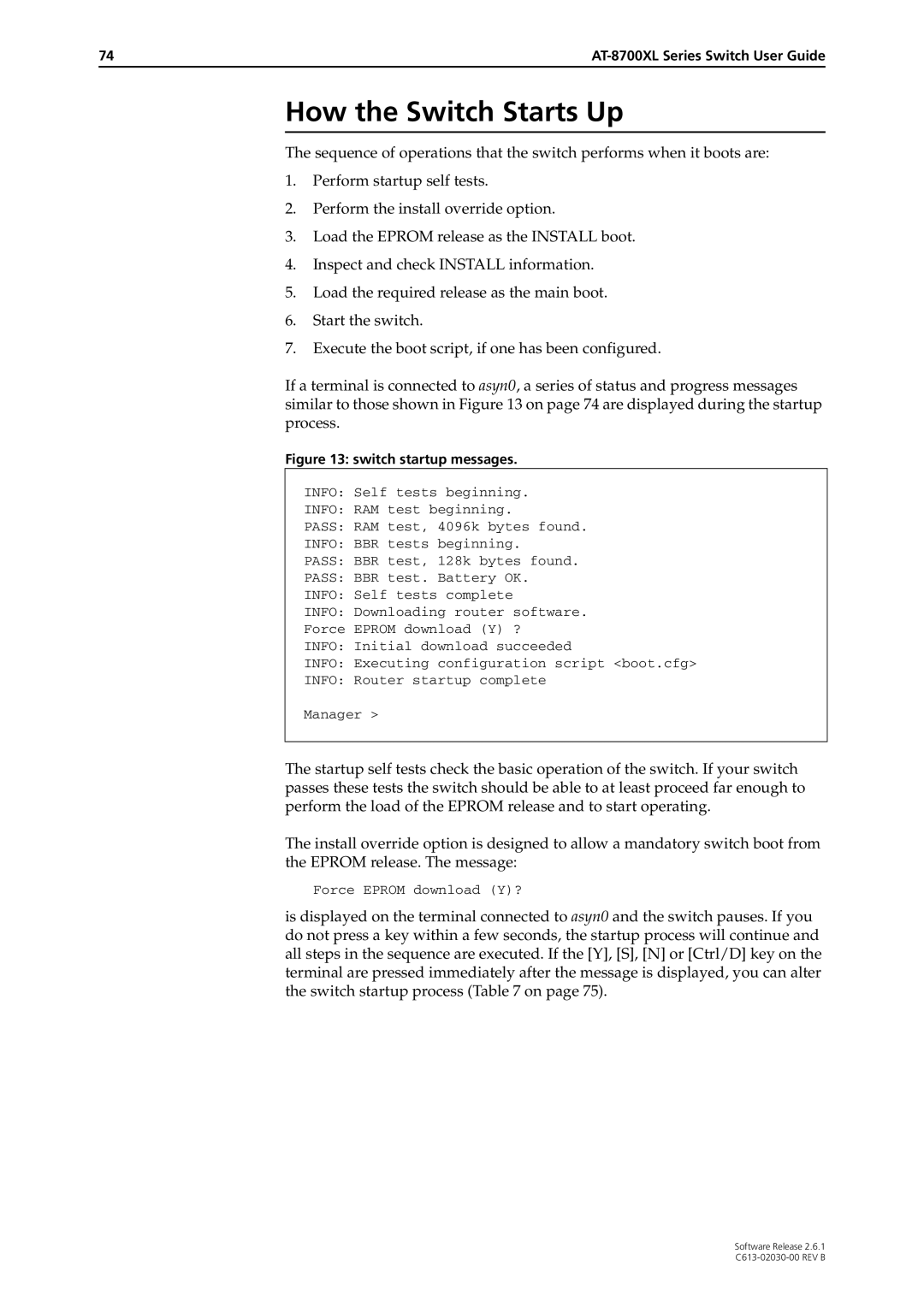 Allied Telesis at-8700xl series switch manual How the Switch Starts Up, Switch startup messages 