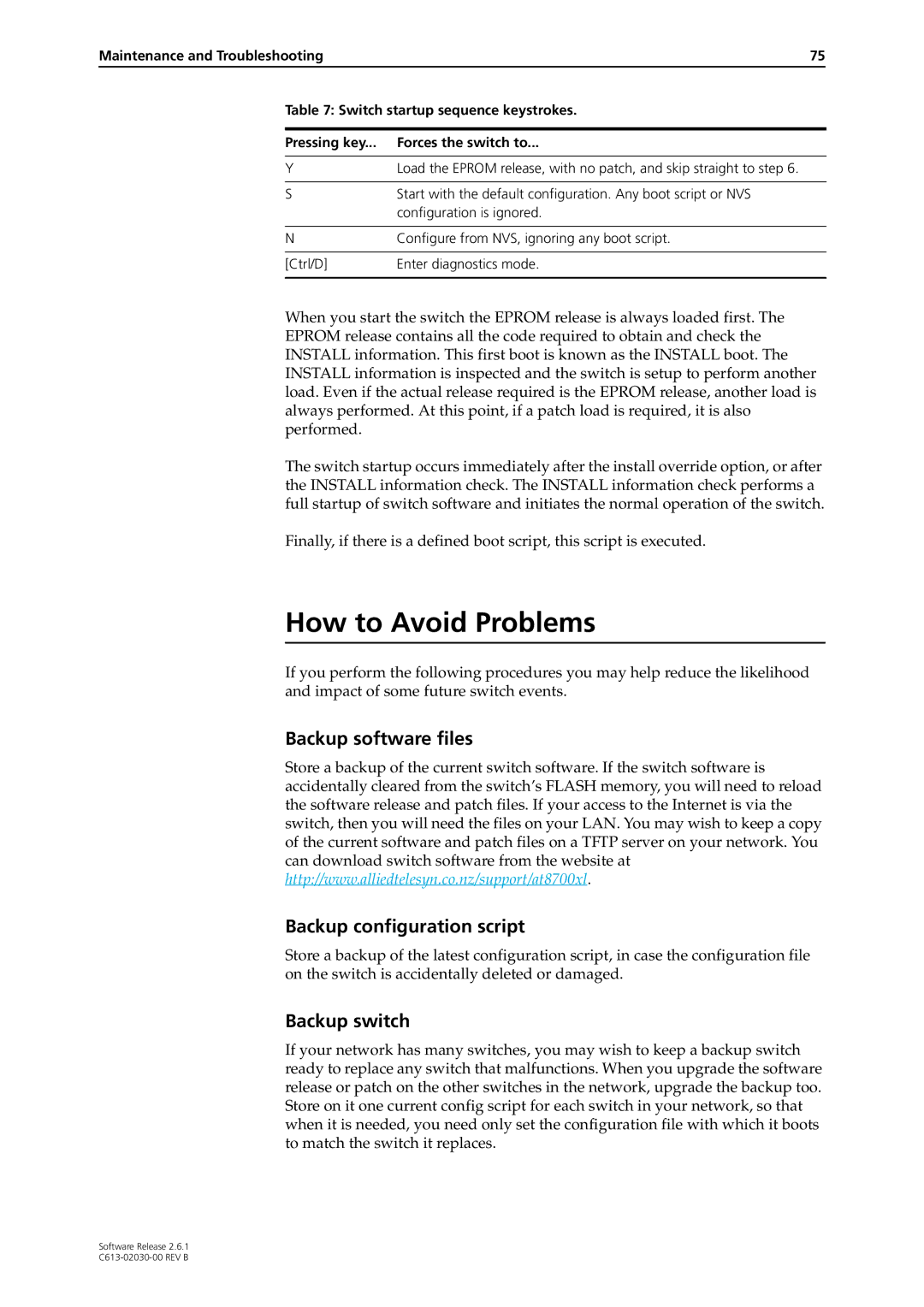 Allied Telesis at-8700xl series switch manual How to Avoid Problems, Backup software files Backup configuration script 