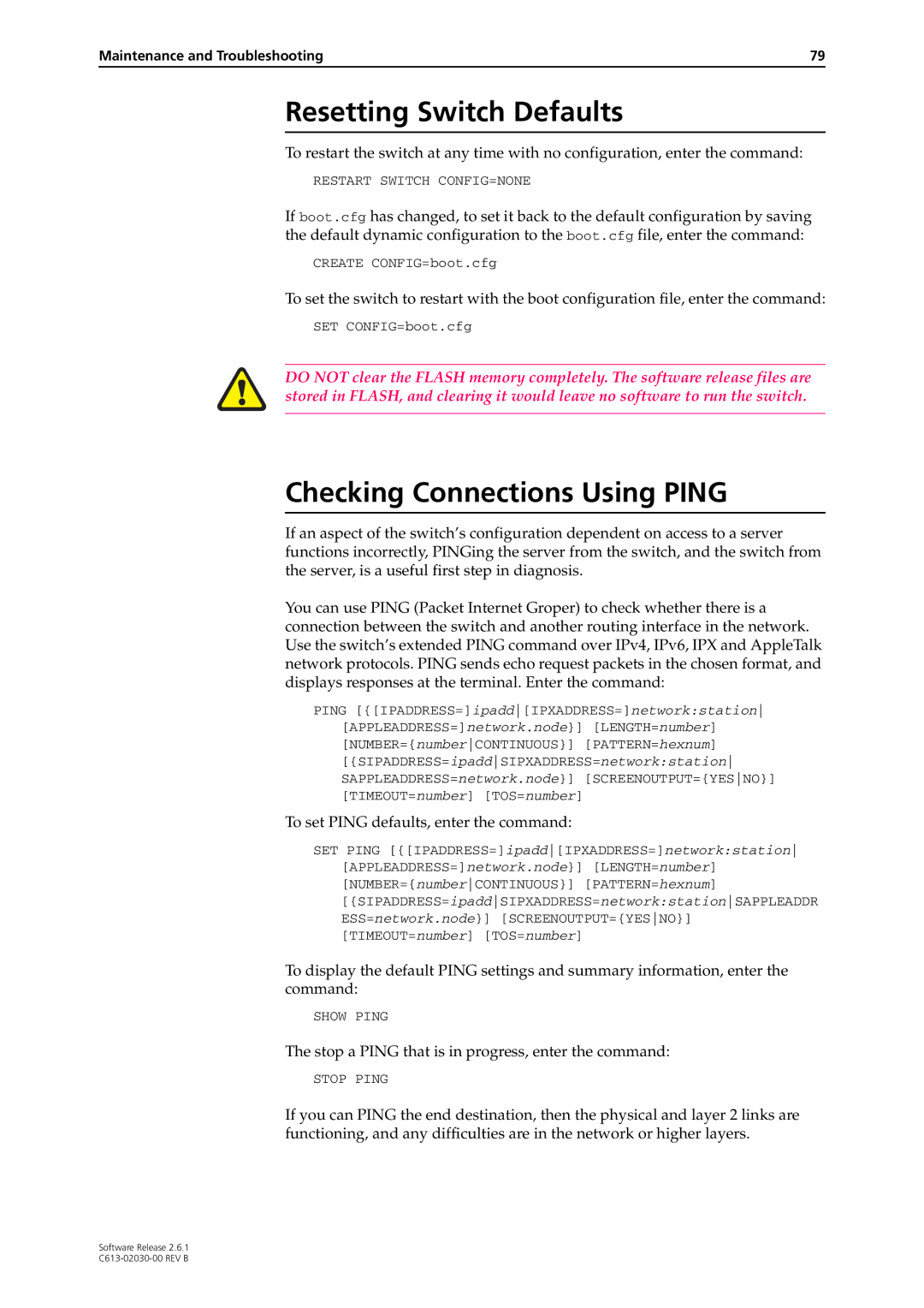 Allied Telesis at-8700xl series switch manual Resetting Switch Defaults, Checking Connections Using Ping 