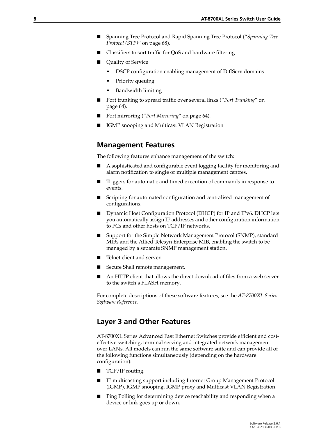 Allied Telesis at-8700xl series switch manual Management Features, Layer 3 and Other Features 