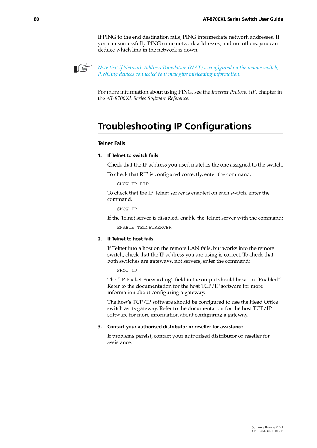 Allied Telesis at-8700xl series switch manual Troubleshooting IP Configurations, Telnet Fails 