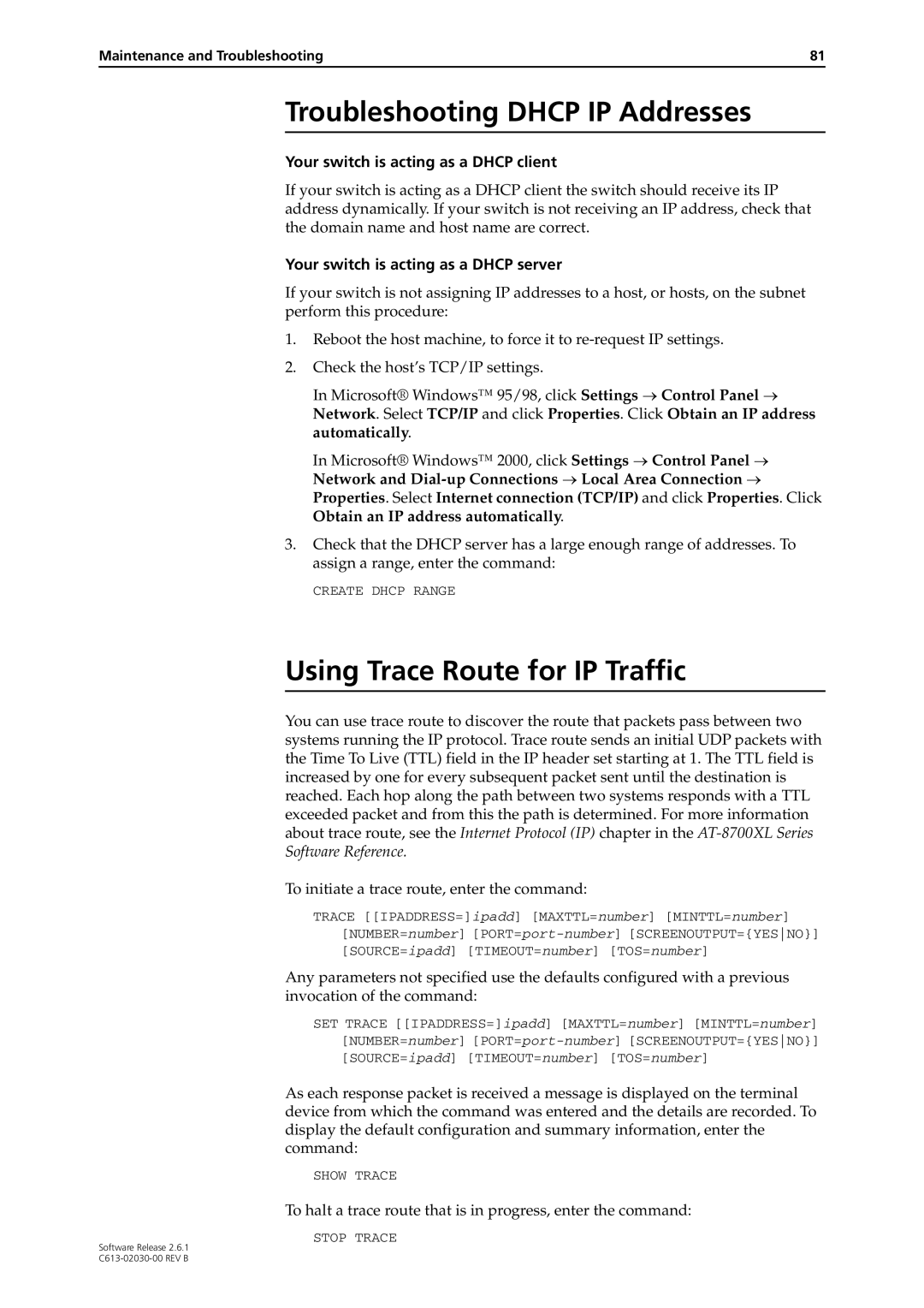 Allied Telesis at-8700xl series switch manual Troubleshooting Dhcp IP Addresses, Using Trace Route for IP Traffic 