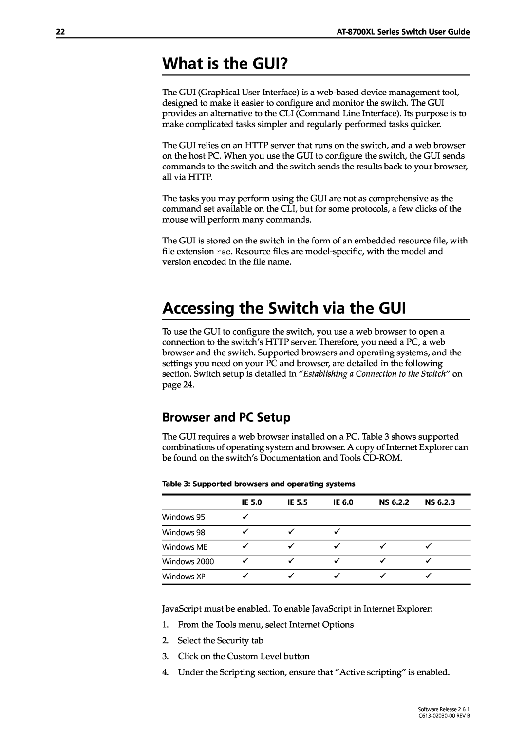 Allied Telesis at-8700xl series switch manual What is the GUI?, Accessing the Switch via the GUI, Browser and PC Setup 