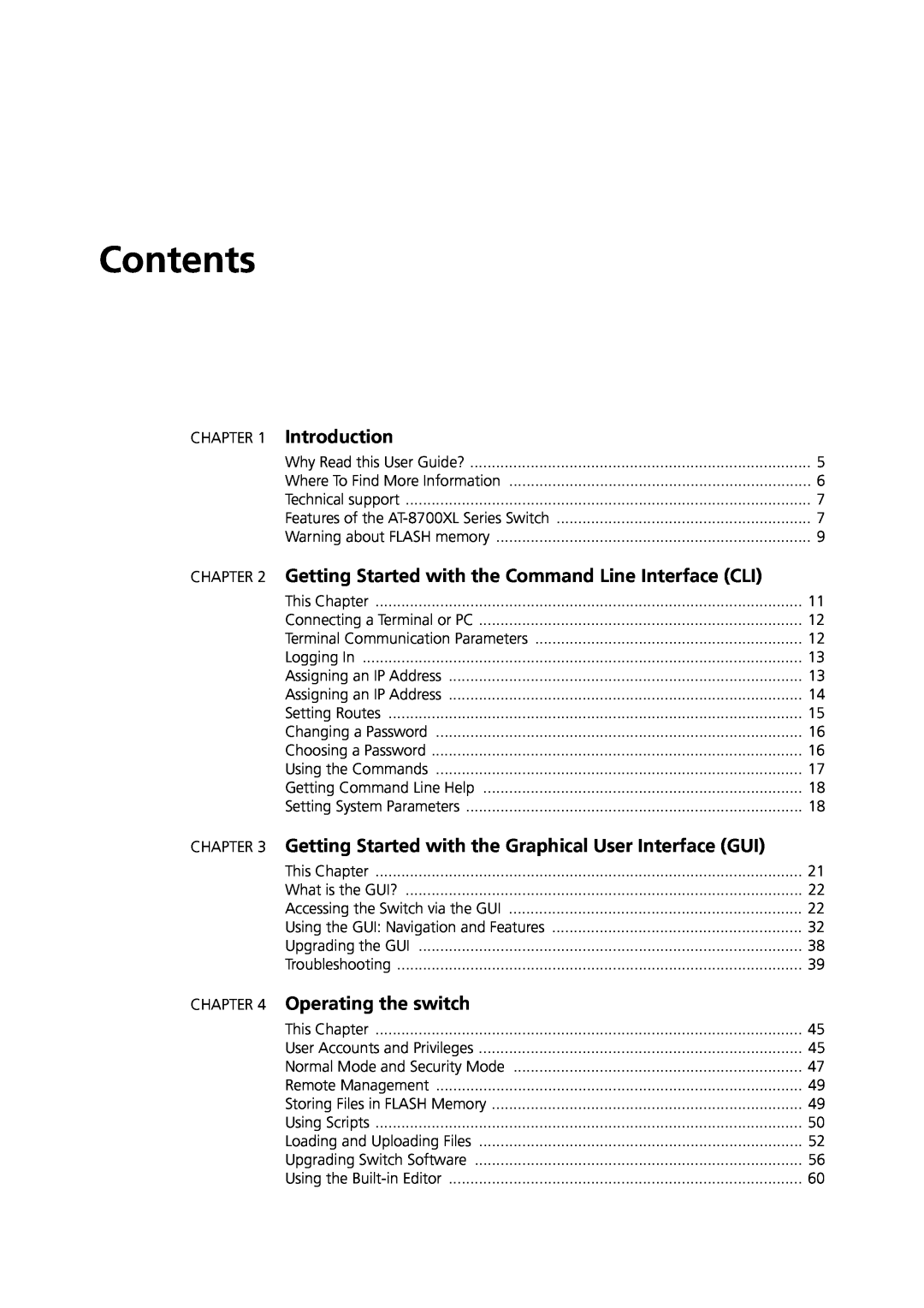 Allied Telesis at-8700xl series switch manual Contents, Introduction, Getting Started with the Command Line Interface CLI 