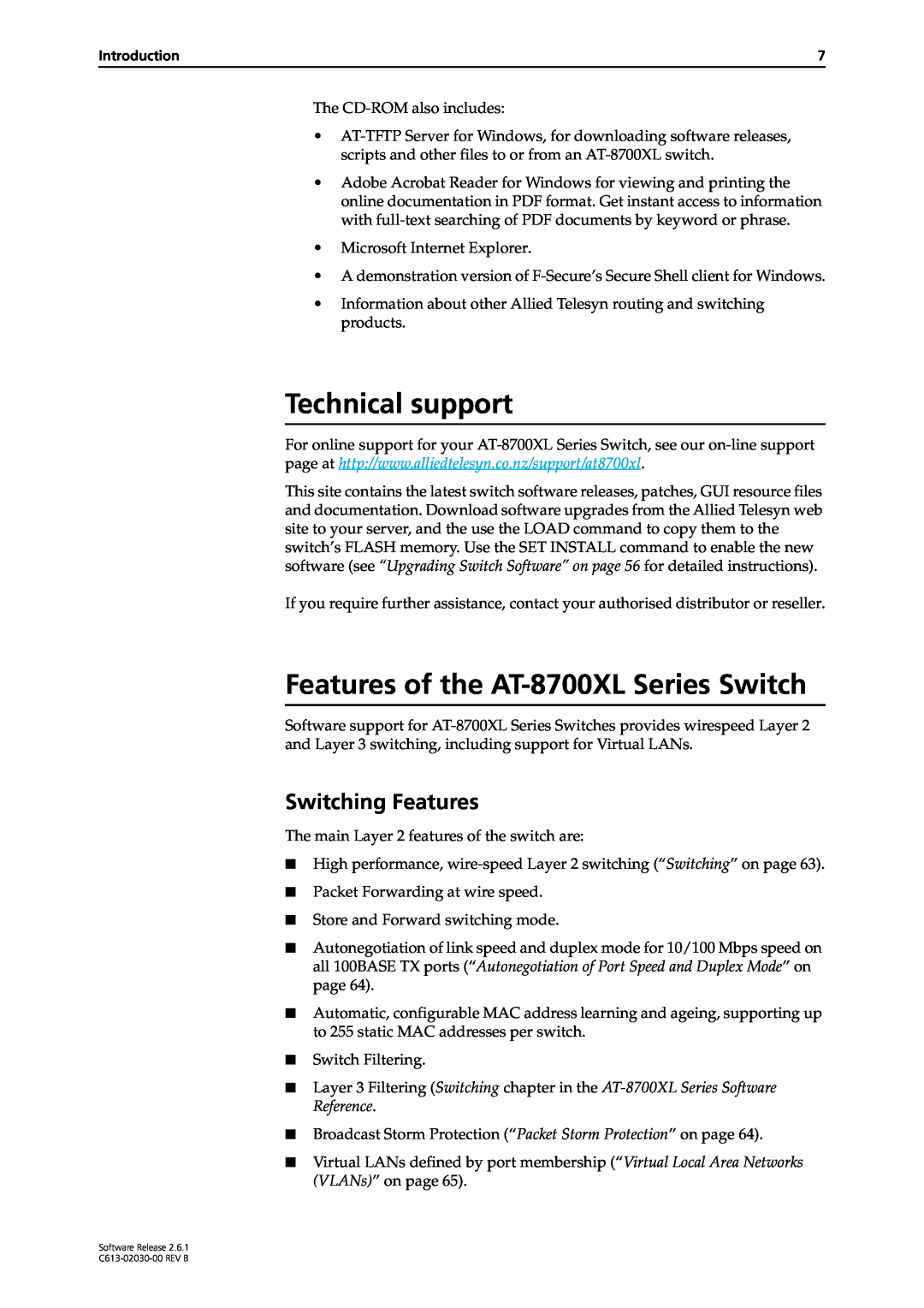Allied Telesis at-8700xl series switch Technical support, Features of the AT-8700XL Series Switch, Switching Features 