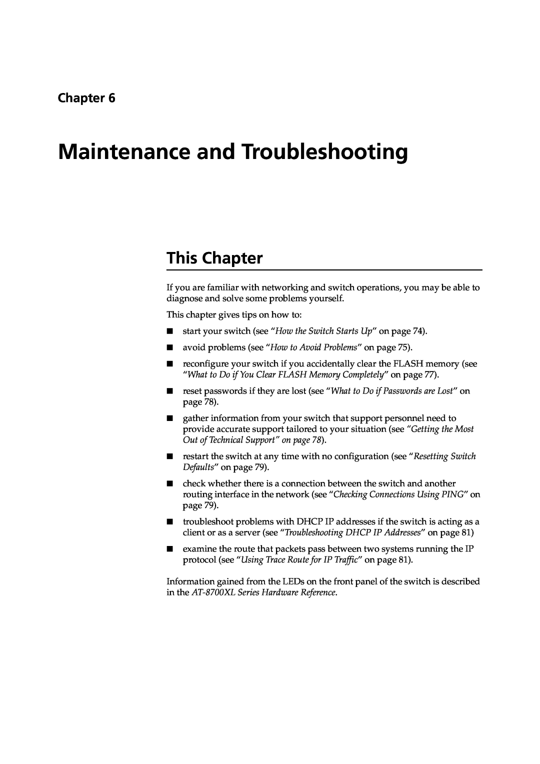 Allied Telesis at-8700xl series switch manual Maintenance and Troubleshooting, This Chapter 